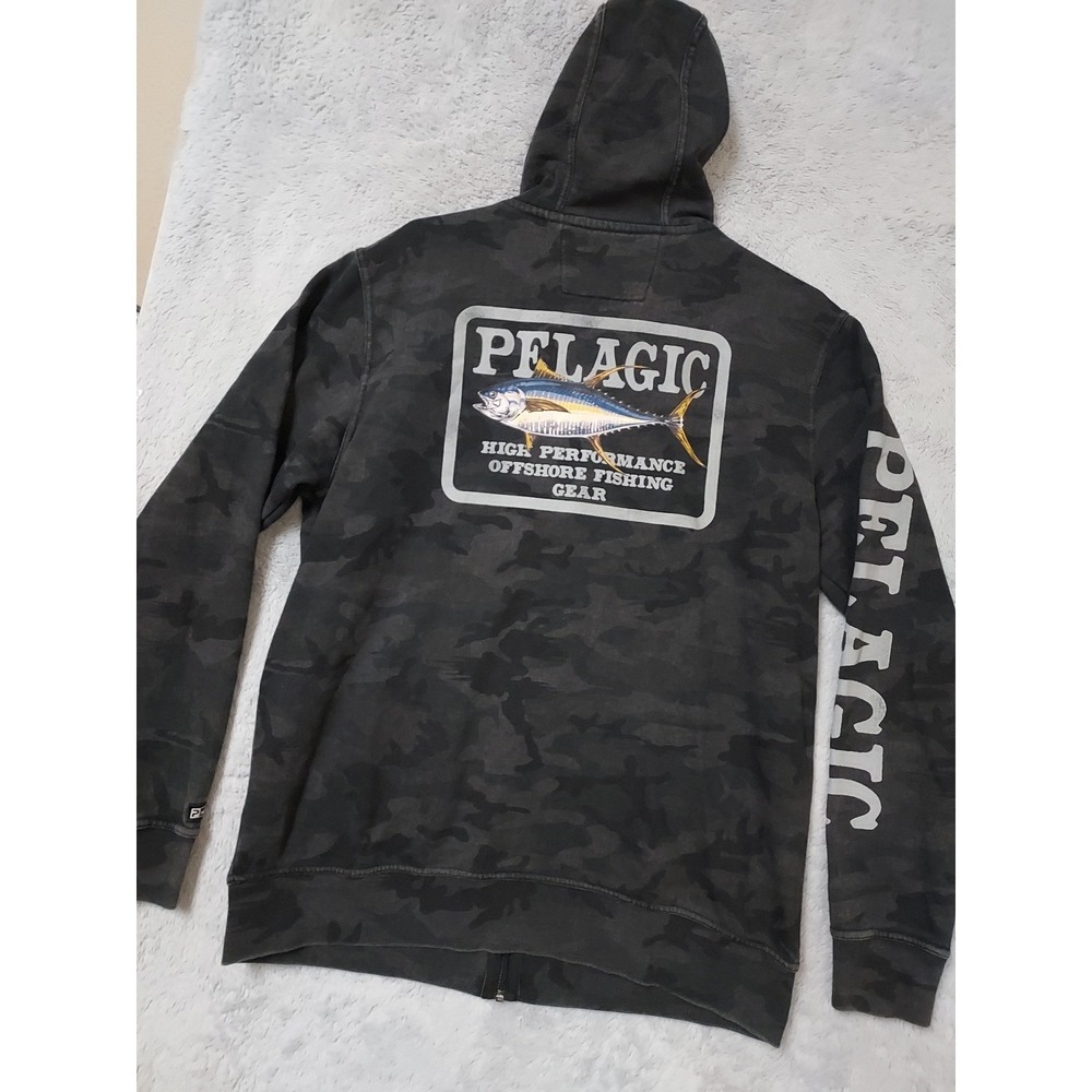 Pelagic Hoodie Mens Medium Camo Fishing Full Zip Jacket Fleece Faded Black Logo